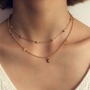 Layered Stars & Moon Necklace (Gold)